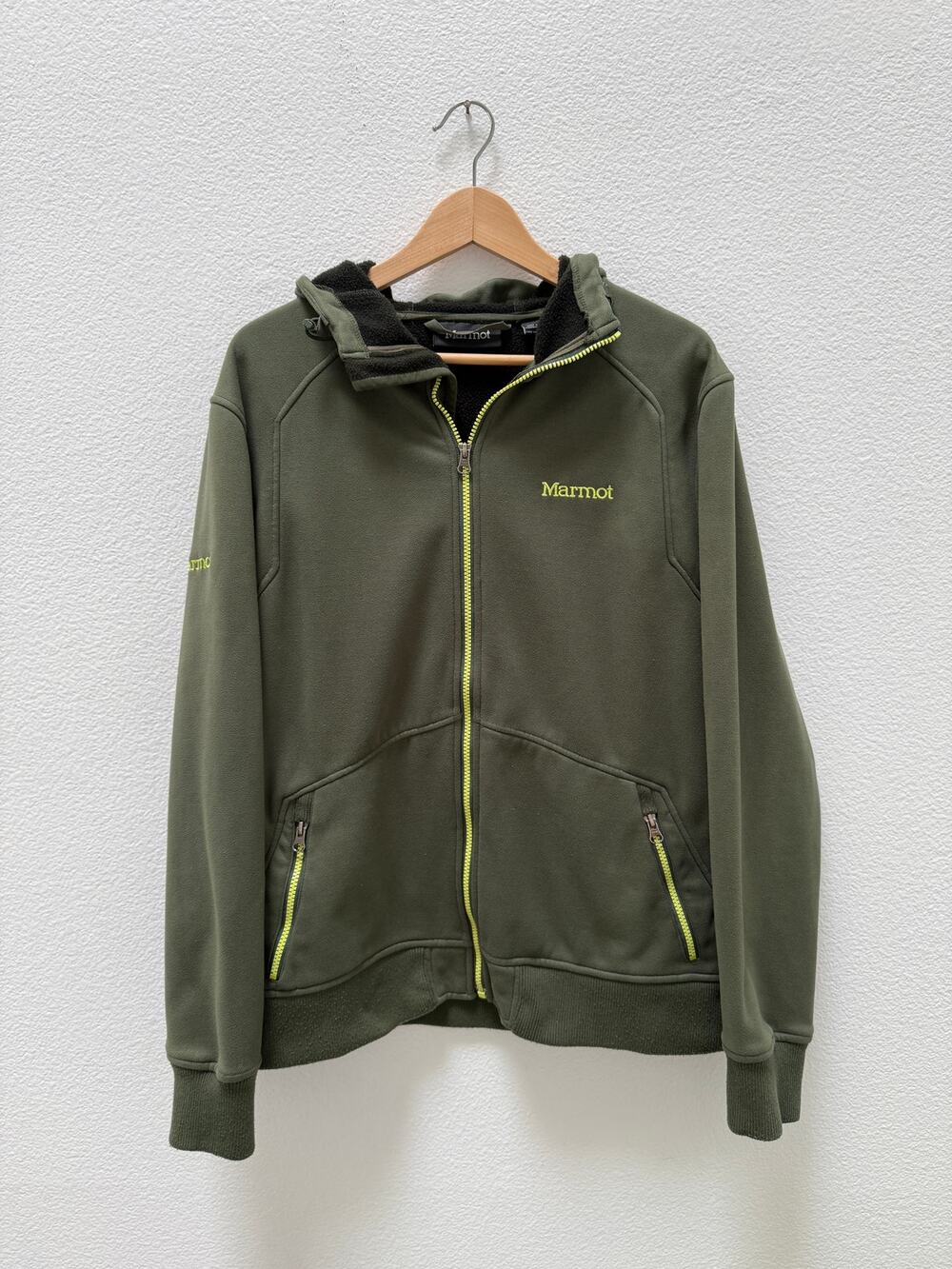 Marmot Men's M Full Zip Fleece-Lined Hoodie Jacket Olive Green Neon Zippers